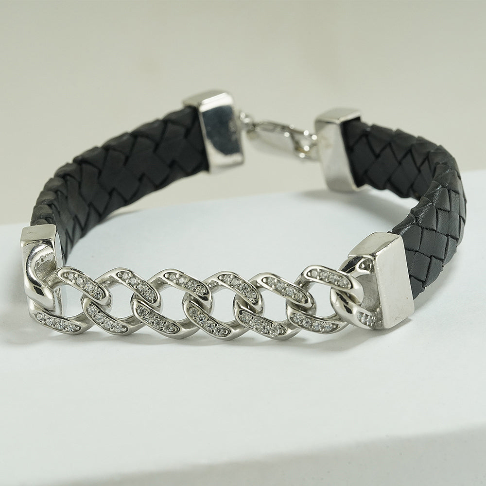 silver cuban links bracelet studded with zircon and leather