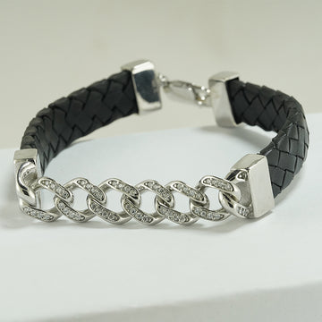 silver cuban links bracelet studded with zircon and leather