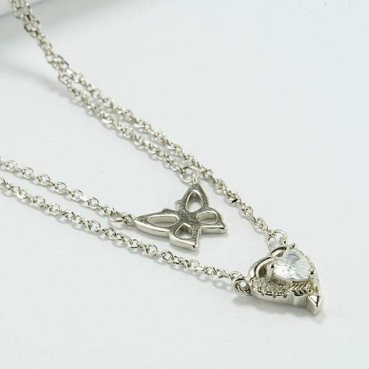 silver butterfly and heart shaped pendent with double layered chain