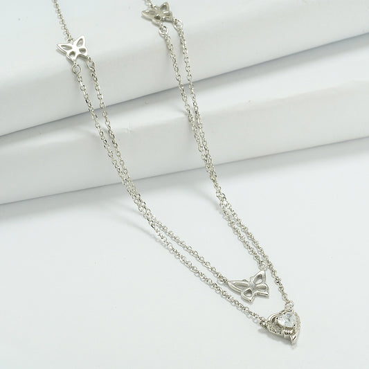 silver butterfly and heart shaped pendent with double layered chain