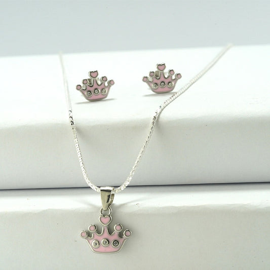 silver crown shaped chain pendent set with pink enamel and zircon