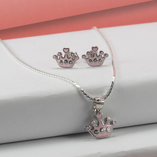 silver crown shaped chain pendent set with pink enamel and zircon