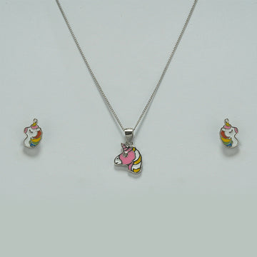 SILVER MULTICOLORED UNICORN CHAIN SET WITH PINK WHITE GREEN YELLOW ORANGE ENAMEL