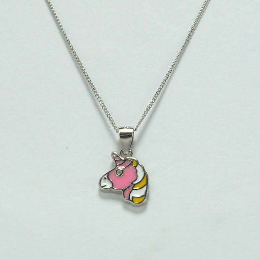 SILVER MULTICOLORED UNICORN CHAIN SET WITH PINK WHITE GREEN YELLOW ORANGE ENAMEL