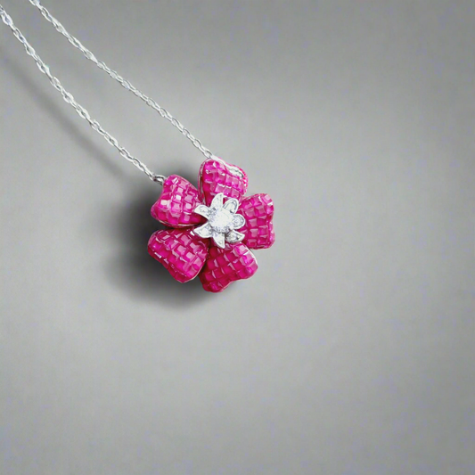 SILVER RUBY AND ZIRCON FLOWER OF ETERNITY CHAIN PENDANT