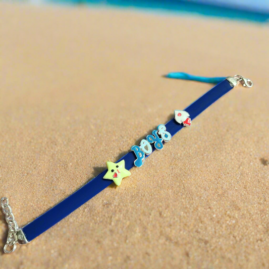 Sterling Silver Silicon blue Enameled Star and Rocket motif Bracelet for kids